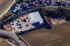 Aerial view of Construction site of the new REWE market in Neupotz in the state Rhineland-Palatinate, Germany