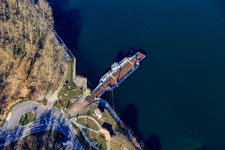 Aerial view of Rhine ferry to Leopoldshafen in Leimersheim in the state Rhineland-Palatinate, Germany