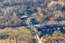 Aerial view of Restaurant Rheinschänke at the marina of the CNK-Leimersheim eV in the Leimersheimer Altrhein in Leimersheim in the state Rhineland-Palatinate, Germany