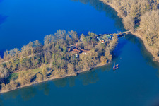 Rott Island with Restaurant Rott Island on the Rhine and Hochstetten Fishing Club in Linkenheim-Hochstetten in the state Baden-Wuerttemberg, Germany