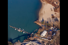 Boat dock at the quarry lake in the district Liedolsheim in Dettenheim in the state Baden-Wuerttemberg, Germany