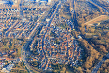 View of the town from the northeast in the district Knielingen in Karlsruhe in the state Baden-Wuerttemberg, Germany