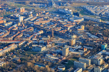 Durlach Gate from the north with St. Bernhard Church in the district Oststadt in Karlsruhe in the state Baden-Wuerttemberg, Germany