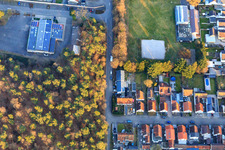 Aerial view of Singers' Hall and Gymnastics Club Friedrichstal 1899 eV in the district Friedrichstal in Stutensee in the state Baden-Wuerttemberg, Germany