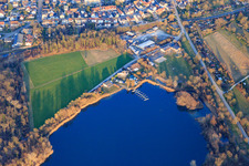 Boat dock at the Rohrköpfle quarry lake of the Surfclub Linkenheim and Sailing Club Linkenheim eV in the district Linkenheim in Linkenheim-Hochstetten in the state Baden-Wuerttemberg, Germany