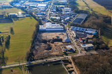 Drone image of Construction site for the development of the new logistics park of HANSAINVEST and DFI-Real-Estate Kandel after demolition of the OBI market in the district Minderslachen in Kandel in the state Rhineland-Palatinate, Germany