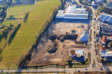 Construction site for the development of the new logistics park of HANSAINVEST and DFI-Real-Estate Kandel after demolition of the OBI market in the district Minderslachen in Kandel in the state Rhineland-Palatinate, Germany from a drone