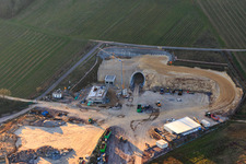 Bird's eye view of Construction site of the eastern tunnel portal for the Astrid Tunnel for the underpass and bypass of Bad Bergzabern between B38 (Weinstraße) and B427 (Kurtalstraße) in Dörrenbach in the state Rhineland-Palatinate, Germany