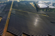 Aerial view of Huge photovoltaic solar power plant PFV DON RODRIGO at the waste incineration plant in Alcalá de Guadaíra in the state Seville, Spain