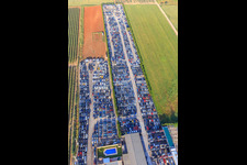 Rows of stacked old vehicles at the Desguace Siglo 21 scrapyard in Dos Hermanas in the state Seville, Spain from above