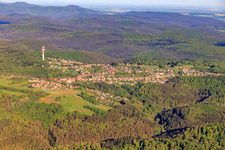 View of the town next to the radio tower Tour hertzienne de Goetzenbruck in the Northern Vosges from the west in Goetzenbruck in the state Moselle, France