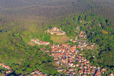 Aerial view of View of the village in the Northern Vosges from the west below the Château de Lichtenberg in Lichtenberg in the state Bas-Rhin, France