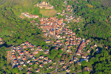 Aerial photograpy of View of the village in the Northern Vosges from the west below the Château de Lichtenberg in Lichtenberg in the state Bas-Rhin, France