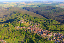 Aerial photograpy of View of the village in the Northern Vosges from the northwest with the church of Notre-Dame-Marie-Auxilliatrice below the Château de Lichtenberg in Lichtenberg in the state Bas-Rhin, France