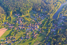 Village view with fish pond in the Meisenbach valley in the Northern Vosges from the northeast in Sparsbach in the state Bas-Rhin, France