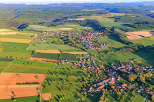 View of the village on the edge of the Northern Vosges from the northwest in Ottwiller in the state Bas-Rhin, France