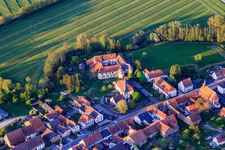 Aerial view of Protestant Church and Castle Lorentzen in Lorentzen in the state Bas-Rhin, France
