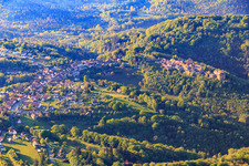 View of the hilly Alsace region of the Northern Vosges with Lützelstein Castle / Château de La Petite-Pierre in the morning from the north in La Petite-Pierre in the state Bas-Rhin, France