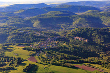 Aerial view of View of the hilly Alsace region of the Northern Vosges with Lützelstein Castle / Château de La Petite-Pierre in the morning from the north in La Petite-Pierre in the state Bas-Rhin, France