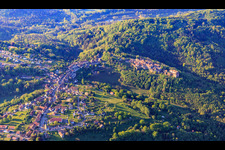 Aerial photograpy of View of the hilly Alsace region of the Northern Vosges with Lützelstein Castle / Château de La Petite-Pierre in the morning from the north in La Petite-Pierre in the state Bas-Rhin, France