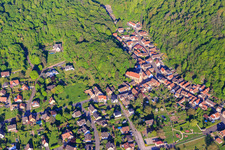 Aerial view of Église Sainte Marie Auxiliatrice and Rue du Cimetière in Ottersthal in the state Bas-Rhin, France