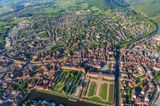 Aerial photograpy of City view with castle and park Château des Rohan at the port Port de Saverne from the northeast in Saverne in the state Bas-Rhin, France
