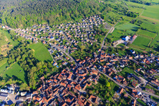 Aerial view of Town center from the south in Dossenheim-sur-Zinsel in the state Bas-Rhin, France