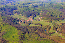 Village view in the Northern Vogense from the northeast in Hinsbourg in the state Bas-Rhin, France