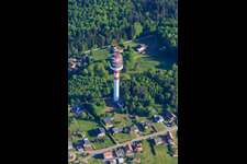 Aerial view of Tour hertzienne de Goetzenbruck transmission tower in the Northern Vosges from the west in Goetzenbruck in the state Moselle, France