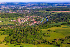 Aerial view of View of the town on the Saar and the Canal des houllères de la Sarre from the southeast in Wittring in the state Moselle, France