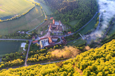 Aerial view of Hotel Kloster Bronnbach with Abbey Garden, Abbey Church of the Assumption of Mary and Missionaries of the Holy Family Monastery Bronnbach in the district Bronnbach in Wertheim in the state Baden-Wuerttemberg, Germany