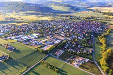 View of the lovely Taubertal in the morning from the northwest in Werbach in the state Baden-Wuerttemberg, Germany