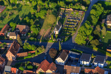 Aerial view of Cemetery Hochhausen with cemetery chapel St. Johann Baptist in the district Hochhausen in Tauberbischofsheim in the state Baden-Wuerttemberg, Germany