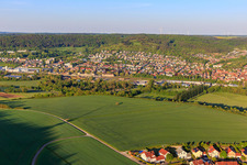 View from the northwest in the morning in the Tauber valley in the district Lauda in Lauda-Königshofen in the state Baden-Wuerttemberg, Germany