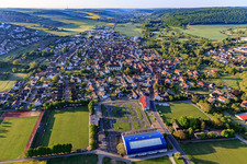 View from the north in the morning in the Tauber valley in the district Königshofen in Lauda-Königshofen in the state Baden-Wuerttemberg, Germany