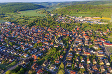 Aerial view of View from the north in the morning in the Tauber valley in the district Königshofen in Lauda-Königshofen in the state Baden-Wuerttemberg, Germany