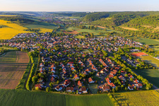 View from the north in the morning in the Tauber valley in the district Unterbalbach in Lauda-Königshofen in the state Baden-Wuerttemberg, Germany