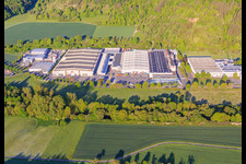 Aerial view of Roto Campus and Roto Frank DST Produktions-GmbH as well as MAAS Bauzentrum GmbH in the district Edelfingen in Bad Mergentheim in the state Baden-Wuerttemberg, Germany