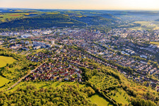 City view in the Tauber Valley in the morning from the southwest in Bad Mergentheim in the state Baden-Wuerttemberg, Germany