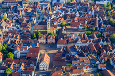 Aerial view of Old town with Old Town Hall, Market Square, Twin Houses and St. John's Cathedral in Bad Mergentheim in the state Baden-Wuerttemberg, Germany
