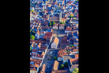 Aerial photograpy of Old town with Old Town Hall, Market Square, Twin Houses and St. John's Cathedral in Bad Mergentheim in the state Baden-Wuerttemberg, Germany