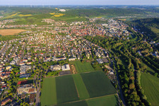 Aerial view of City view in the Tauber Valley from the east in Bad Mergentheim in the state Baden-Wuerttemberg, Germany