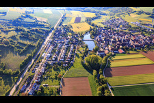 View of the town with Tauberstrand from the west in the district Elpersheim in Weikersheim in the state Baden-Wuerttemberg, Germany
