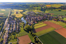 Aerial photograpy of View of the town with Tauberstrand from the west in the district Elpersheim in Weikersheim in the state Baden-Wuerttemberg, Germany