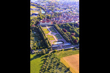 Castle and castle garden Weikersheim (Castle of Count Wolfgang von Hohenlohe from the 17th century with a magnificent knights' hall and garden with statues.) in Weikersheim in the state Baden-Wuerttemberg, Germany from above
