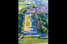 Castle and castle garden Weikersheim (Castle of Count Wolfgang von Hohenlohe from the 17th century with a magnificent knights' hall and garden with statues.) in Weikersheim in the state Baden-Wuerttemberg, Germany from the plane