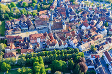 Aerial view of Old town with St. George's Church on the market square, castle administration Weikersheim on the castle square in Weikersheim in the state Baden-Wuerttemberg, Germany
