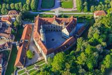 Aerial view of Castle Weikersheim with rose garden, alchemy and witch garden in Weikersheim in the state Baden-Wuerttemberg, Germany