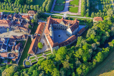 Aerial photograpy of Castle Weikersheim with rose garden, alchemy and witch garden in Weikersheim in the state Baden-Wuerttemberg, Germany