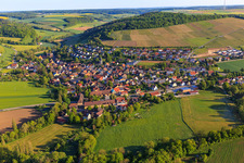 Overview of the Tauber Valley in the morning from the south in the district Schäftersheim in Weikersheim in the state Baden-Wuerttemberg, Germany